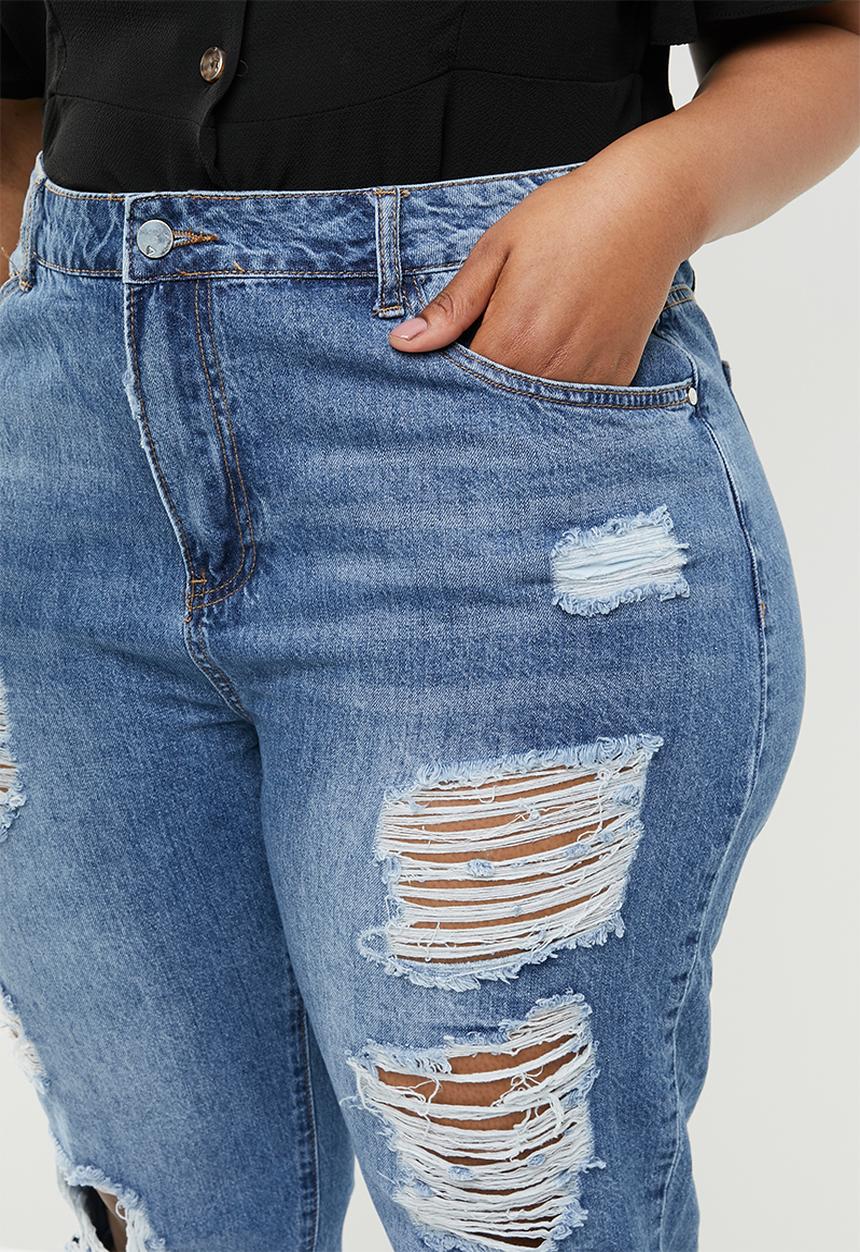 Missguided - Curve riot distressed jeans stonewash - blue