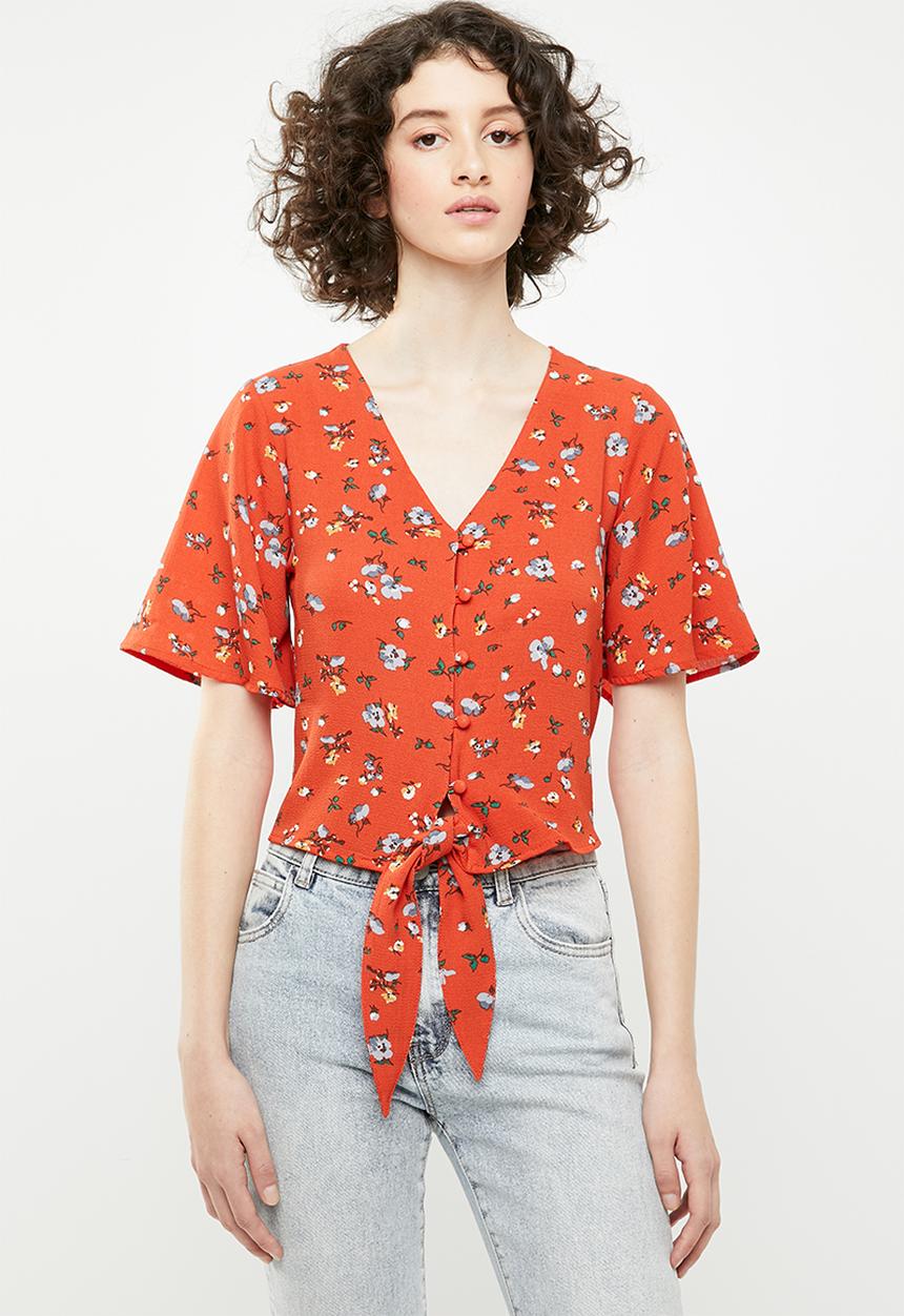 Brave Soul - Crop blouse with tie detail - orange