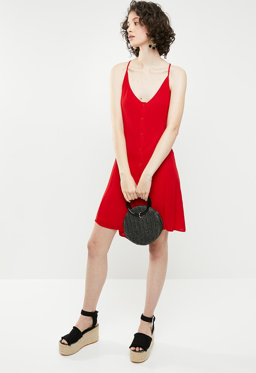 Brave Soul - Strappy woven button through dress - red