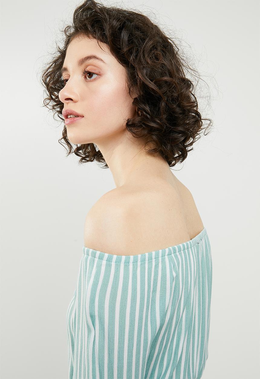 Forever21 - Off shoulder long sleeve playsuit - green & white