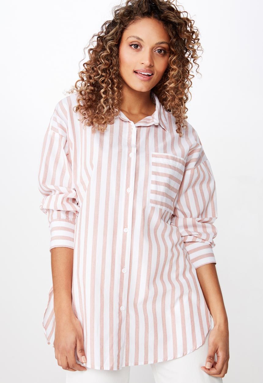 Cotton On - Pippa oversized shirt katie stripe - dusty pink & white 