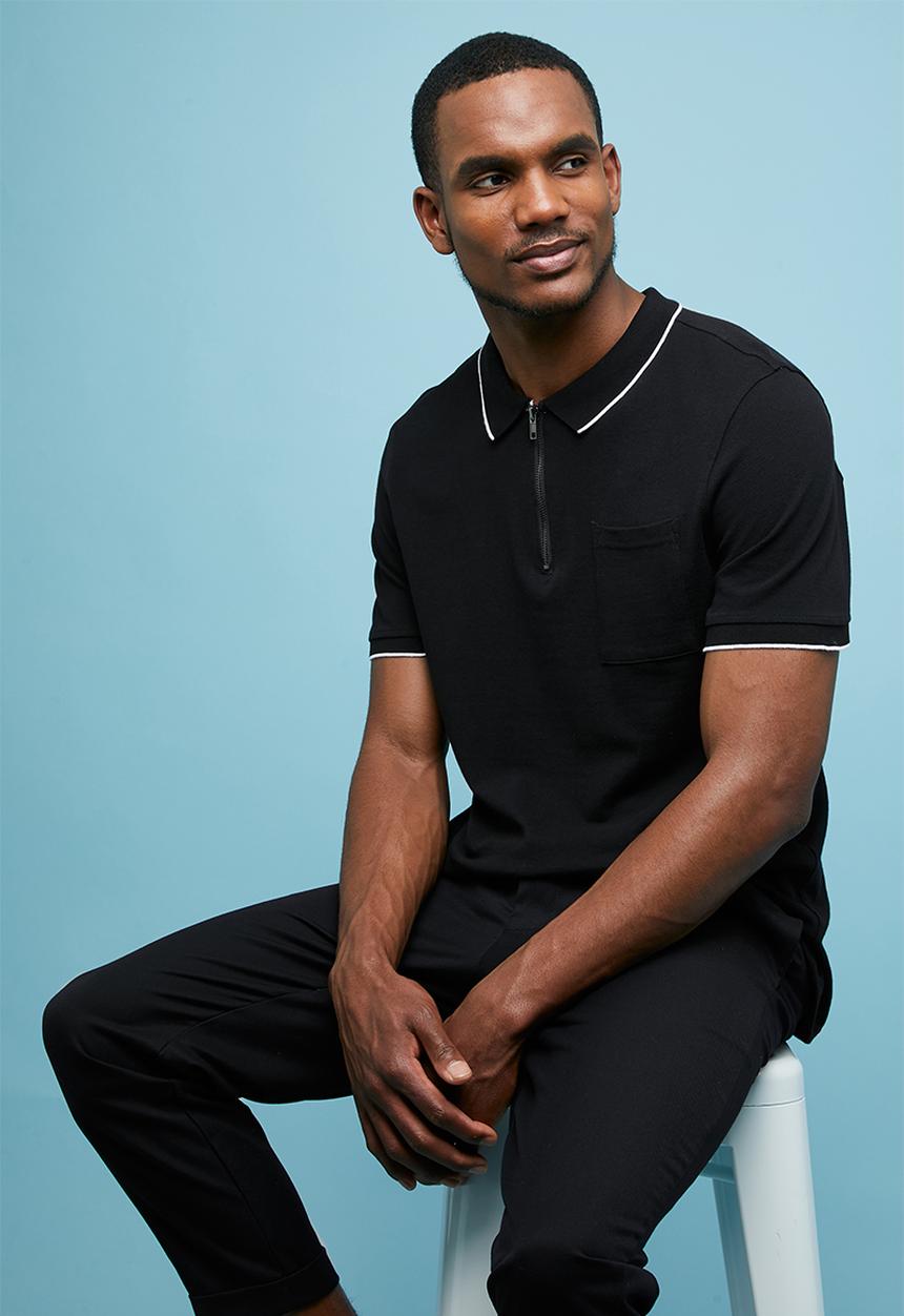 Superbalist - Pique slim fit zip golfer - black