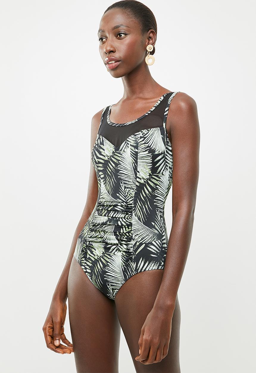 Jacqueline - Mesh palm print one piece - green & black