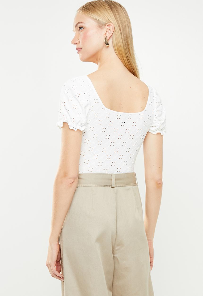 New Look - Broderie button through top - white