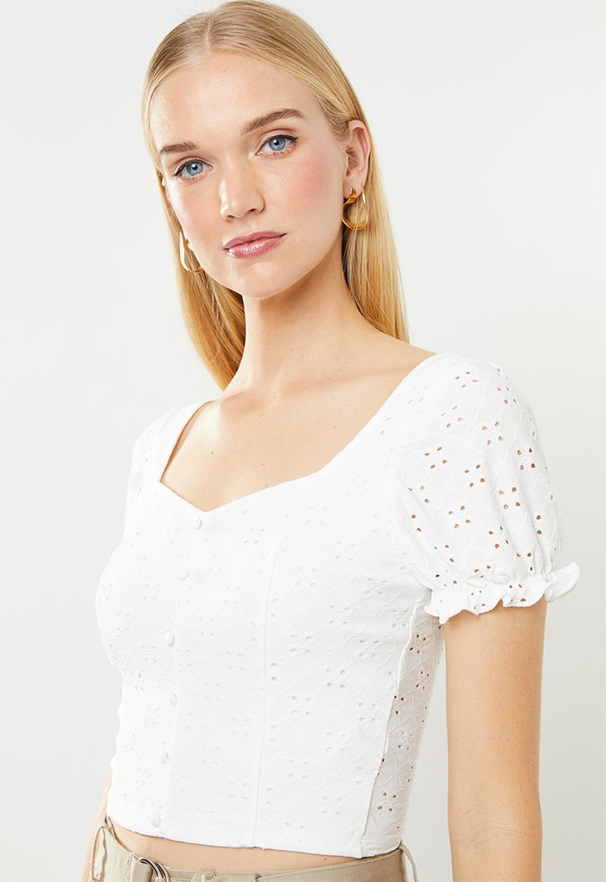 New Look - Broderie button through top - white
