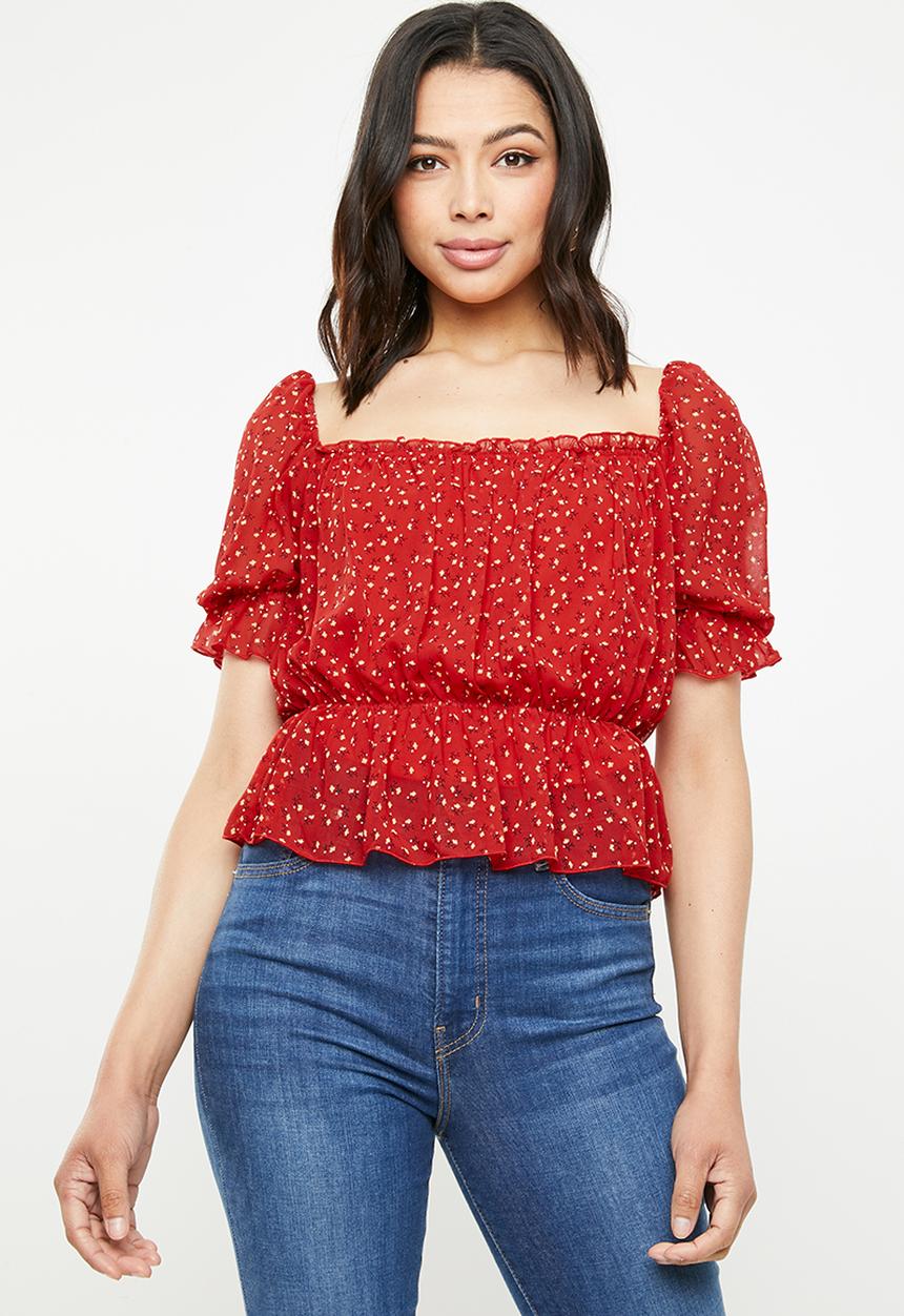 Missguided - Ditsy floral bardot top - red