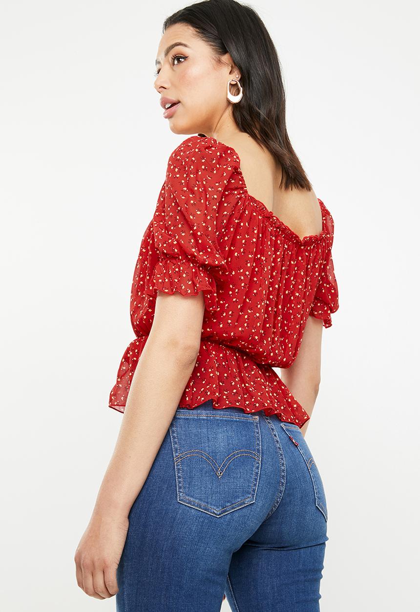 Missguided - Ditsy floral bardot top - red