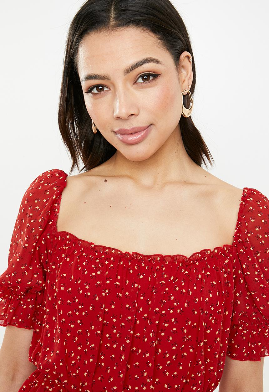 Missguided - Ditsy floral bardot top - red