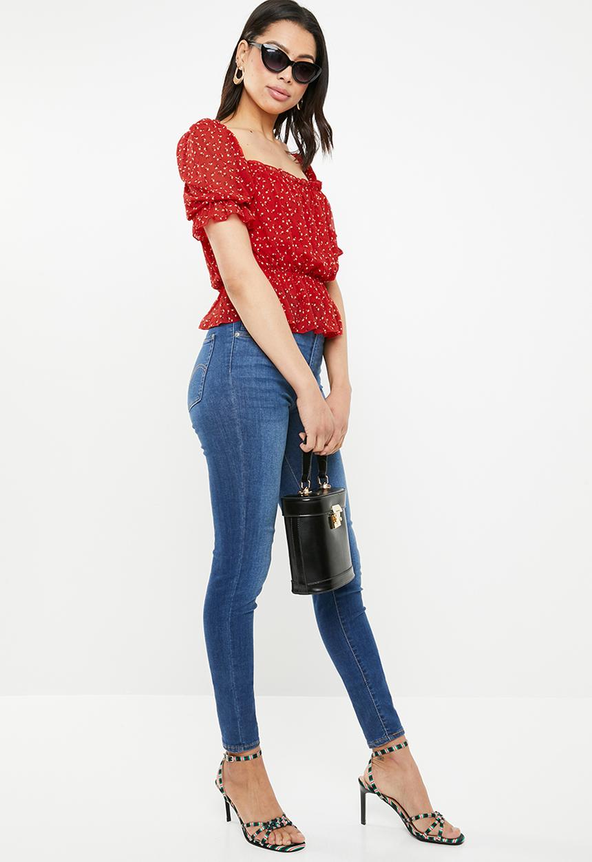 Missguided - Ditsy floral bardot top - red