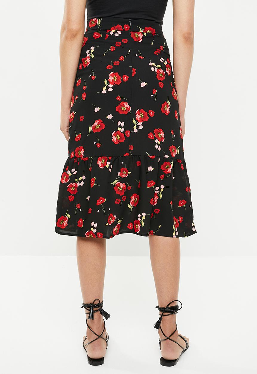 Missguided - Floral button front midi skirt - black & red 