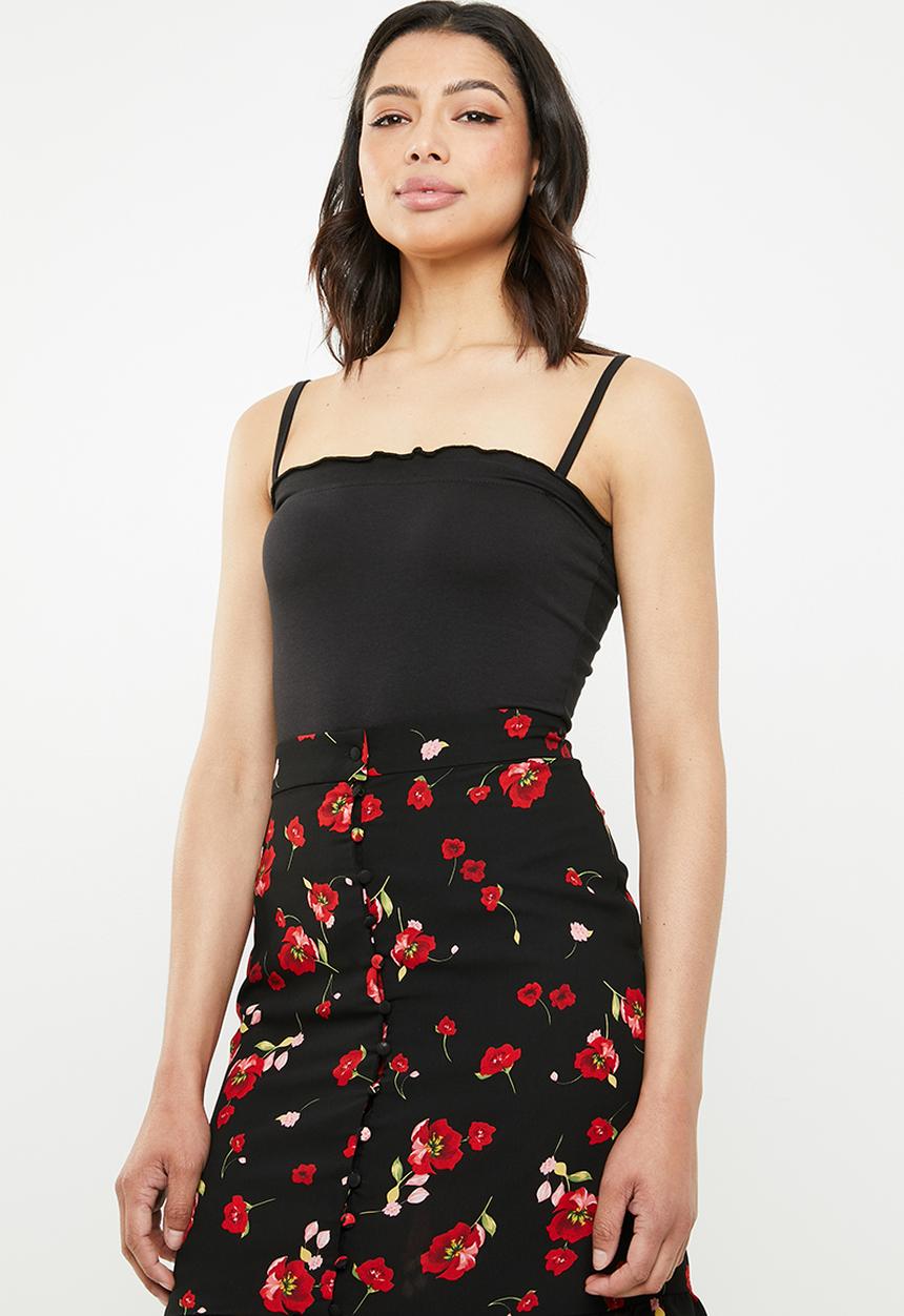 Missguided - Lettuce hem straight neck strappy bodysuit - black