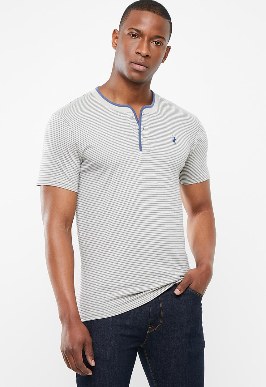 POLO - Benjamin fine stripe short sleeve henley - grey & blue