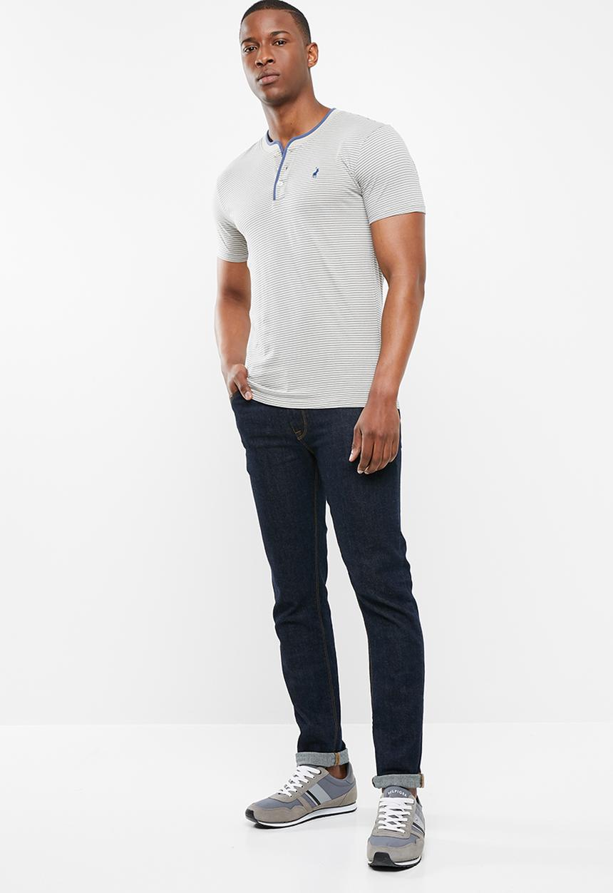 POLO - Benjamin fine stripe short sleeve henley - grey & blue