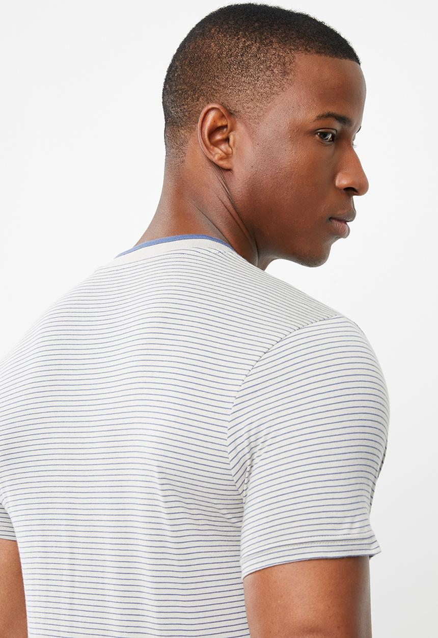 POLO - Benjamin fine stripe short sleeve henley - grey & blue