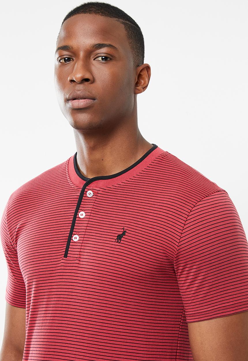 POLO - Benjamin fine stripe ss henley - red & black