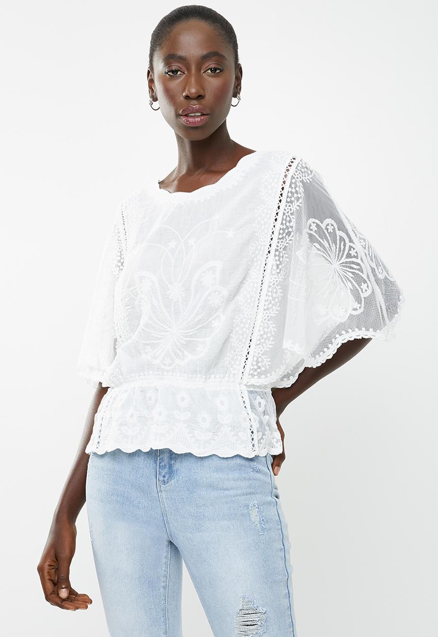 New Look - Emily embroidery crochet top - white