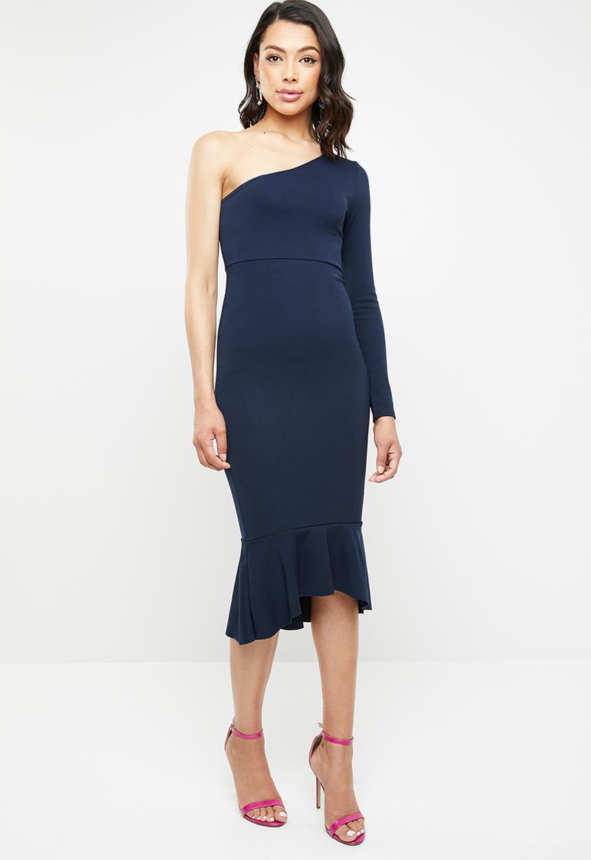 Missguided - One shoulder fishtail bodycon midi dress - navy