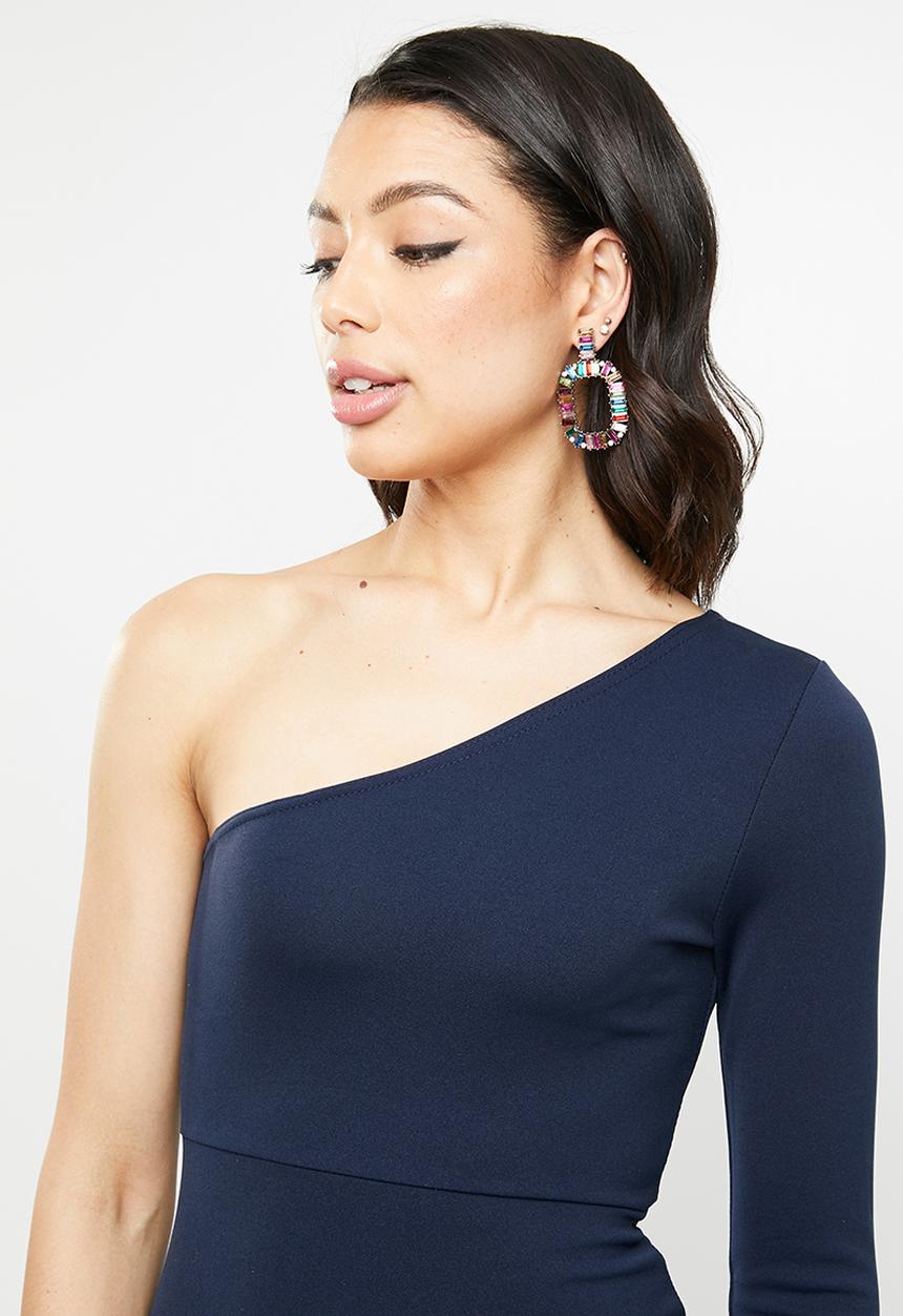 Missguided - One shoulder fishtail bodycon midi dress - navy