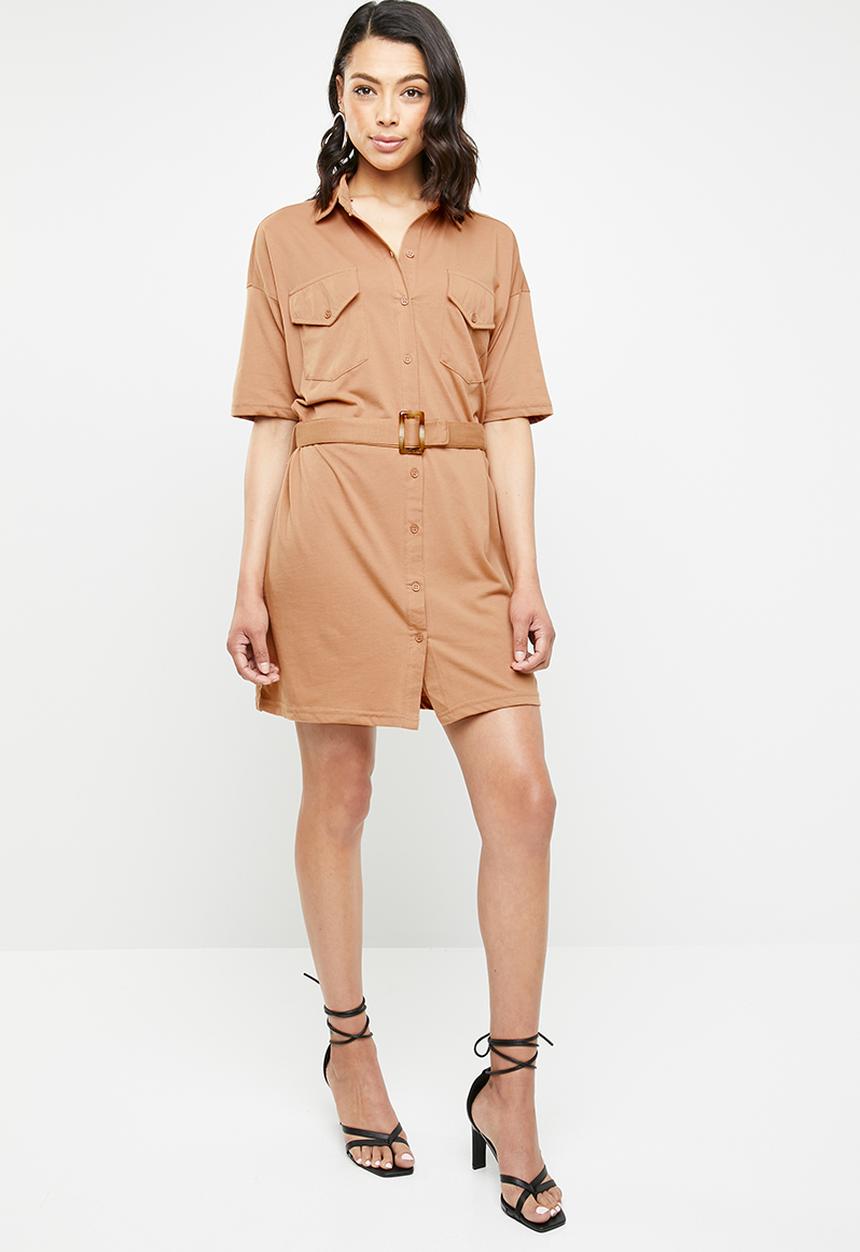 Missguided - Jersey belted shirt dress - brown