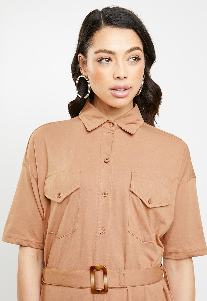 Missguided - Jersey belted shirt dress - brown