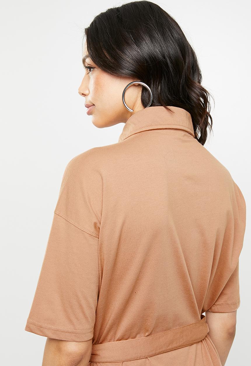 Missguided - Jersey belted shirt dress - brown