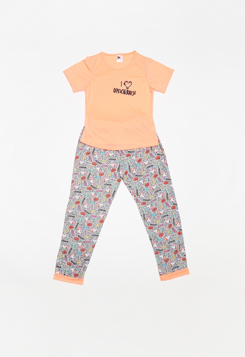 Rebel Republic - Teens unicorn short sleeve & jogger pyjamas set - orange