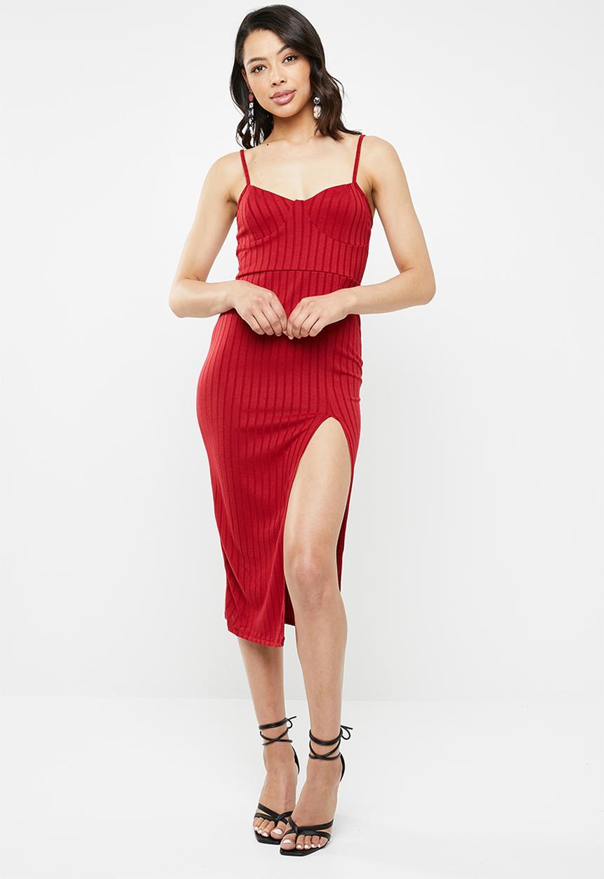 Missguided - Ribbed slit front midi dress - red