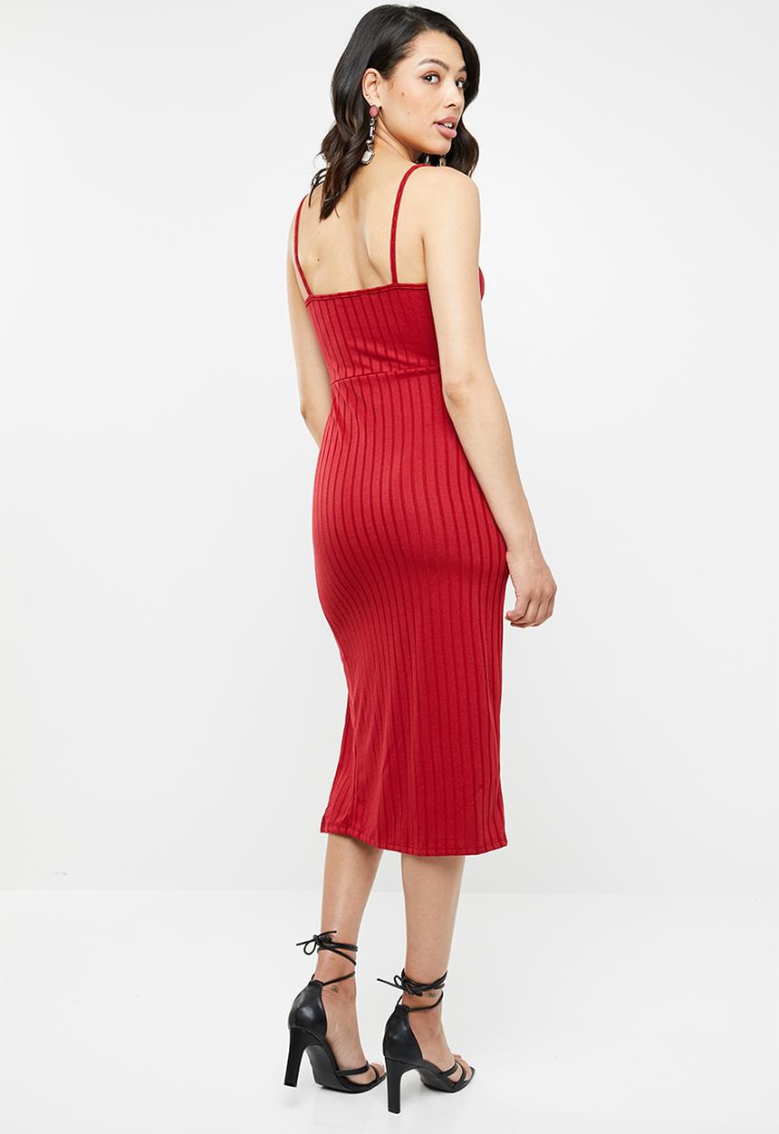 Missguided - Ribbed slit front midi dress - red