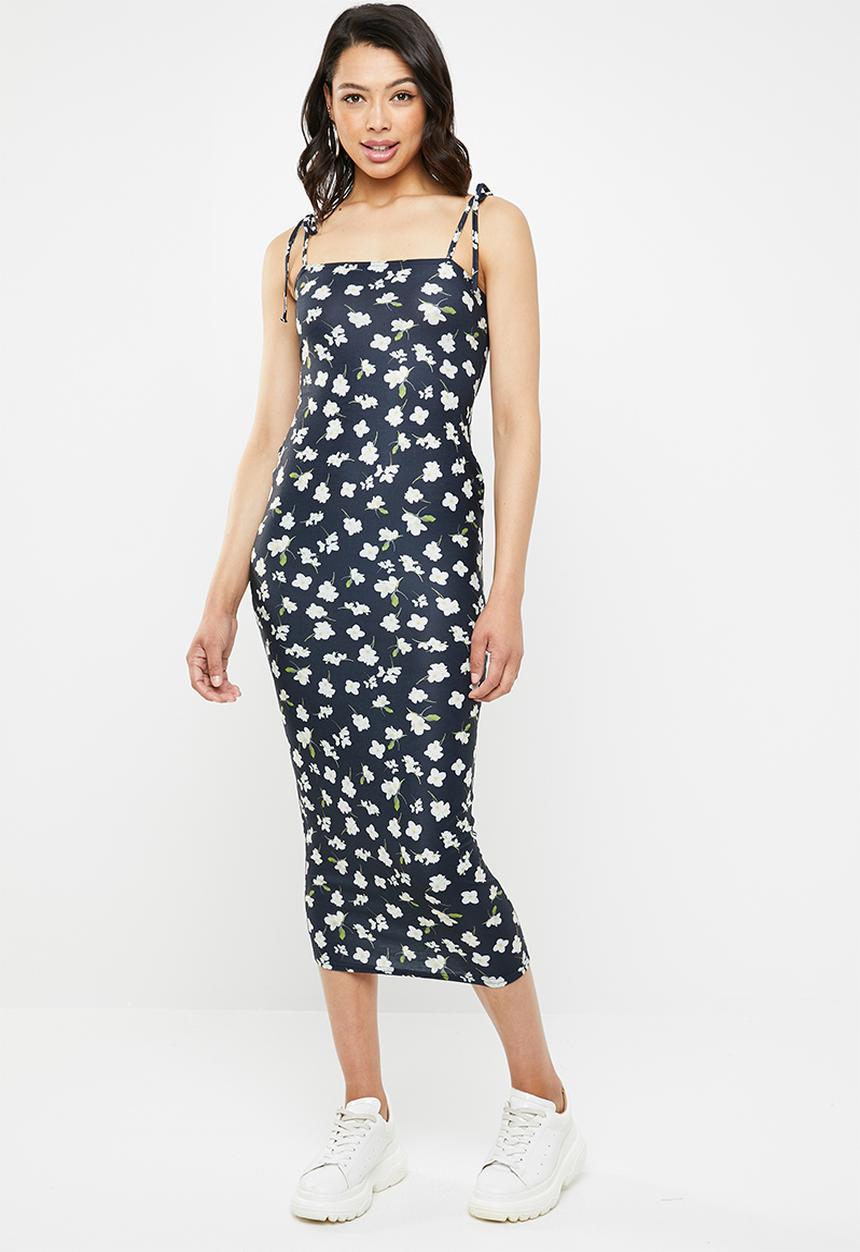 Missguided - Floral cami tie sleeve midi dress - navy