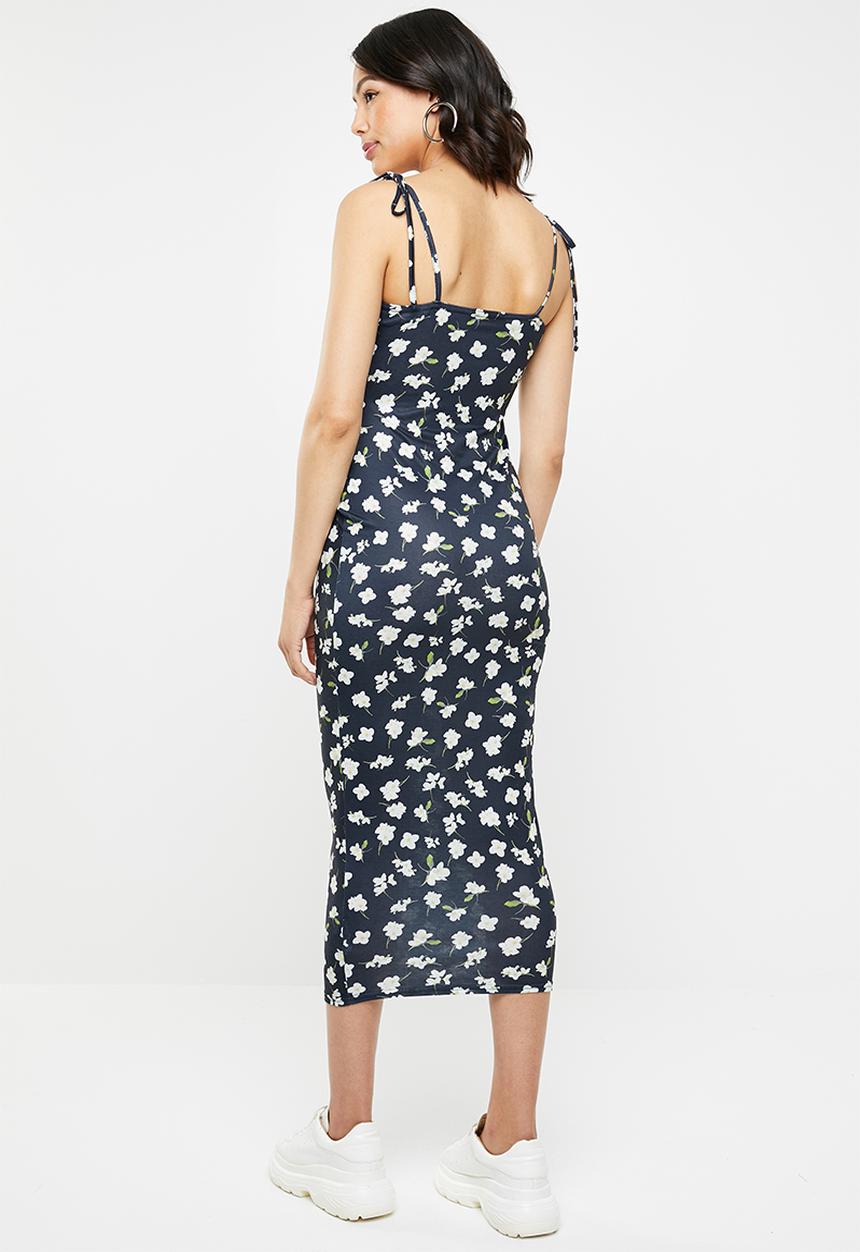 Missguided - Floral cami tie sleeve midi dress - navy