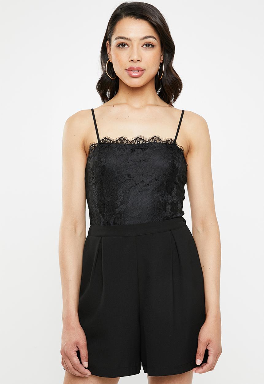 Missguided - Straight neck lace overlay bodysuit - black