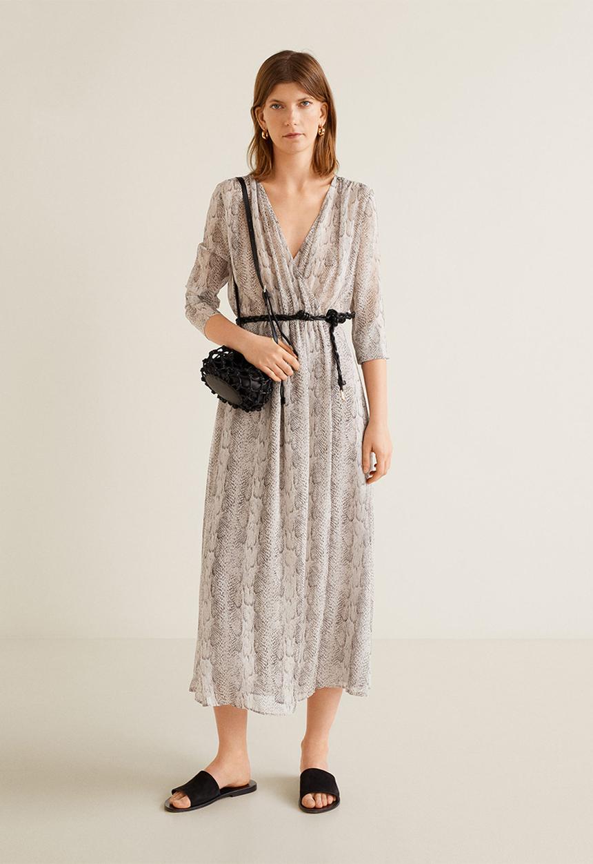 MANGO - Snake printed crossover midi dress - grey