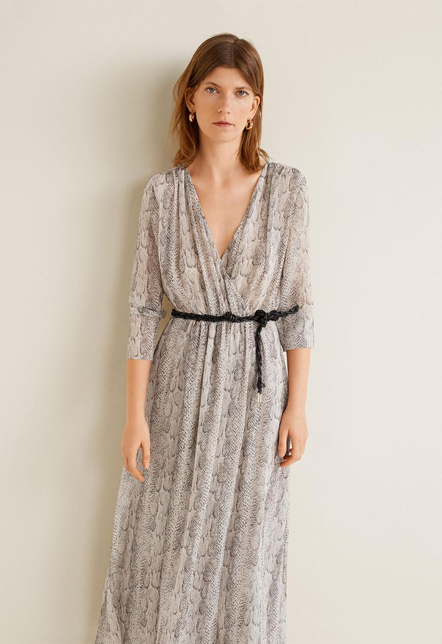 MANGO - Snake printed crossover midi dress - grey