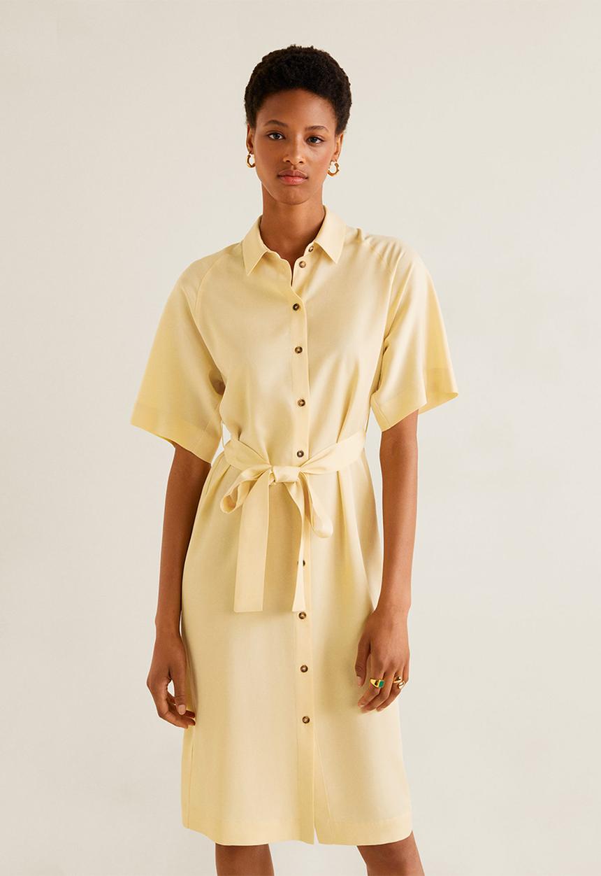 MANGO - Tie belt midi shirt dress - yellow