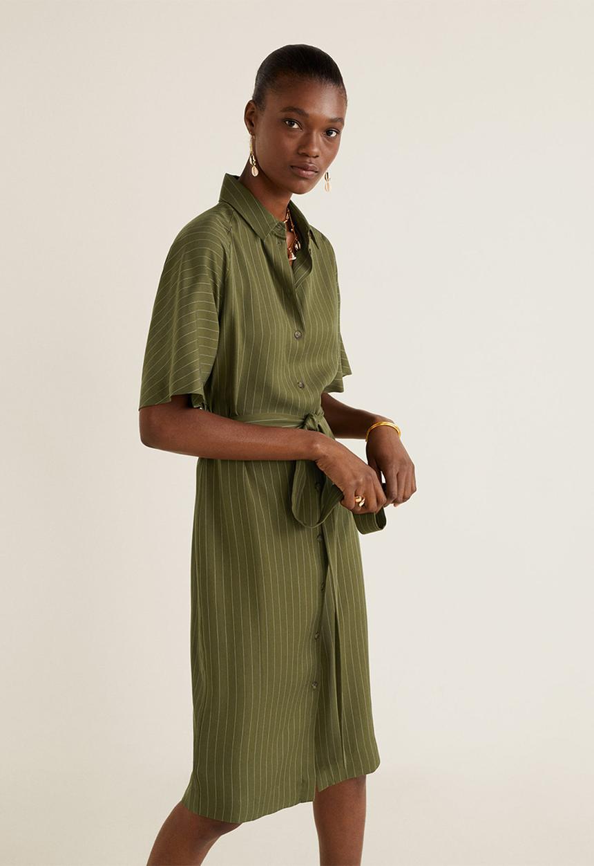 MANGO - Tie belt midi shirt dress - khaki