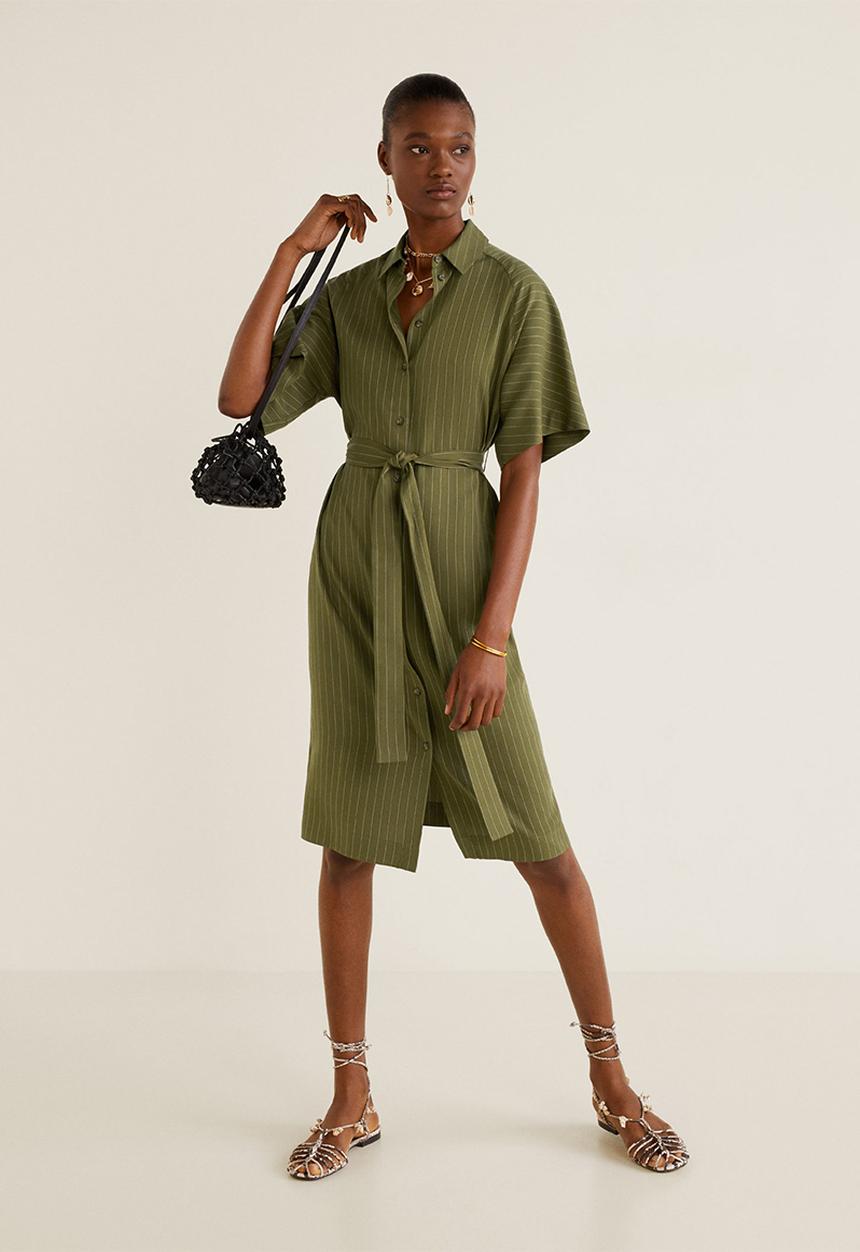 MANGO - Tie belt midi shirt dress - khaki