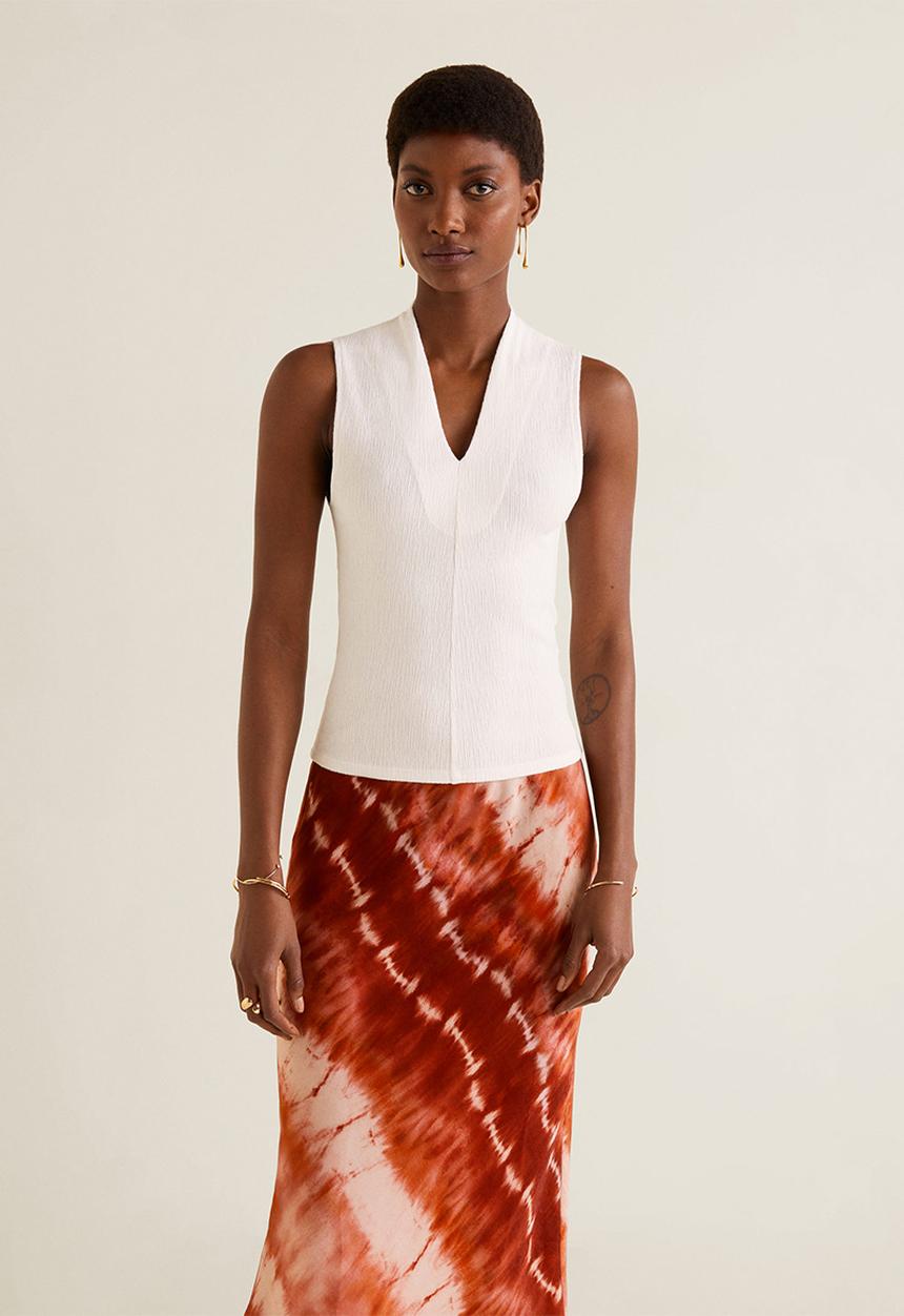 MANGO - Textured cotton V-neck top - white