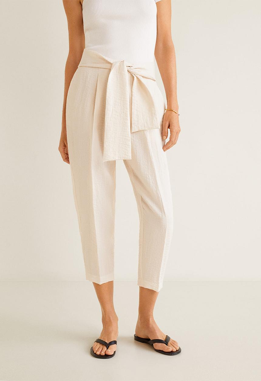 MANGO - Tie waist crop trouser - cream 