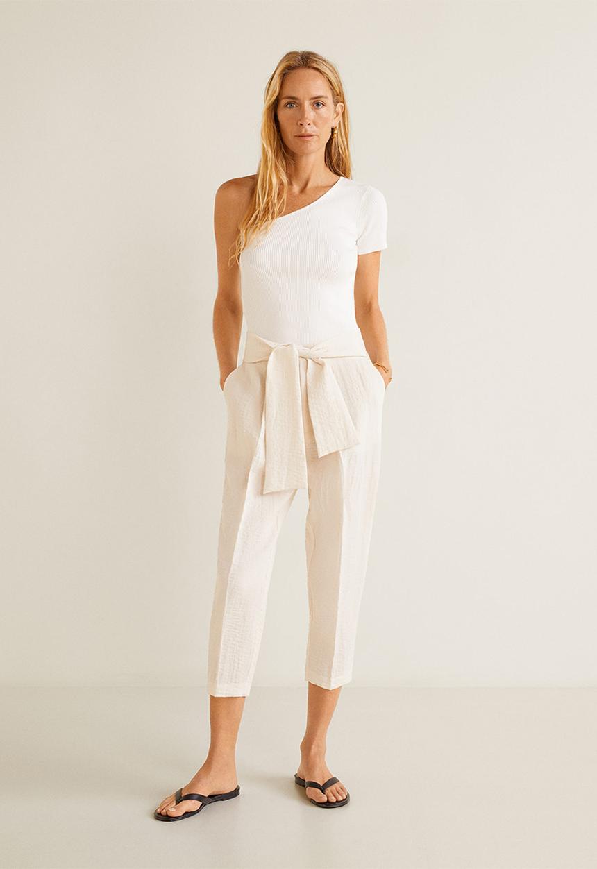 MANGO - Tie waist crop trouser - cream 