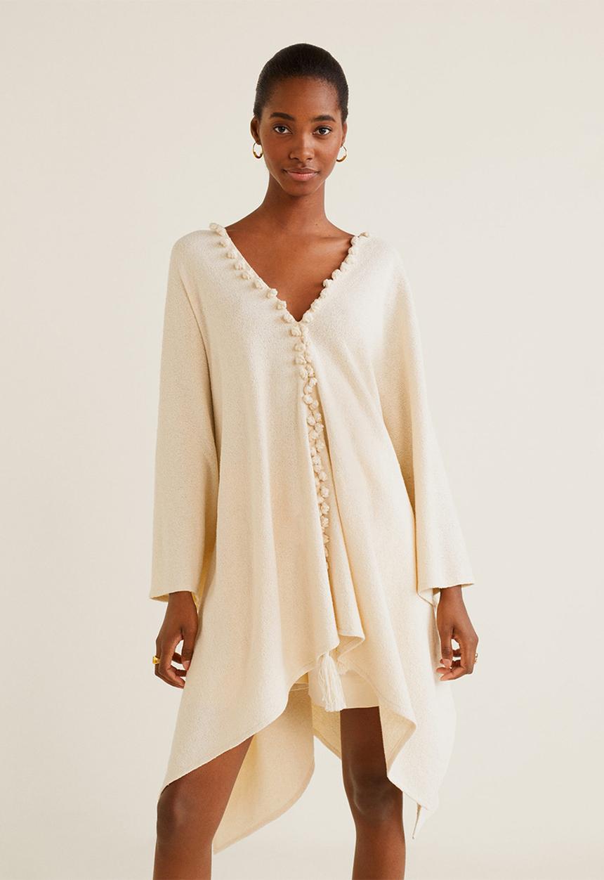 MANGO - Cotton kaftan with pom pom detail - cream