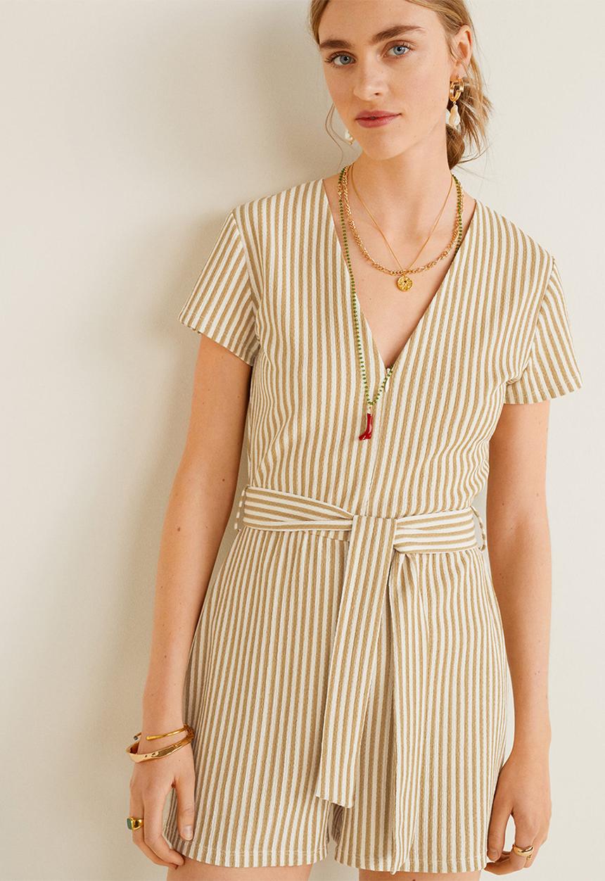 MANGO - Stripe printed short jumpsuit - beige & white 
