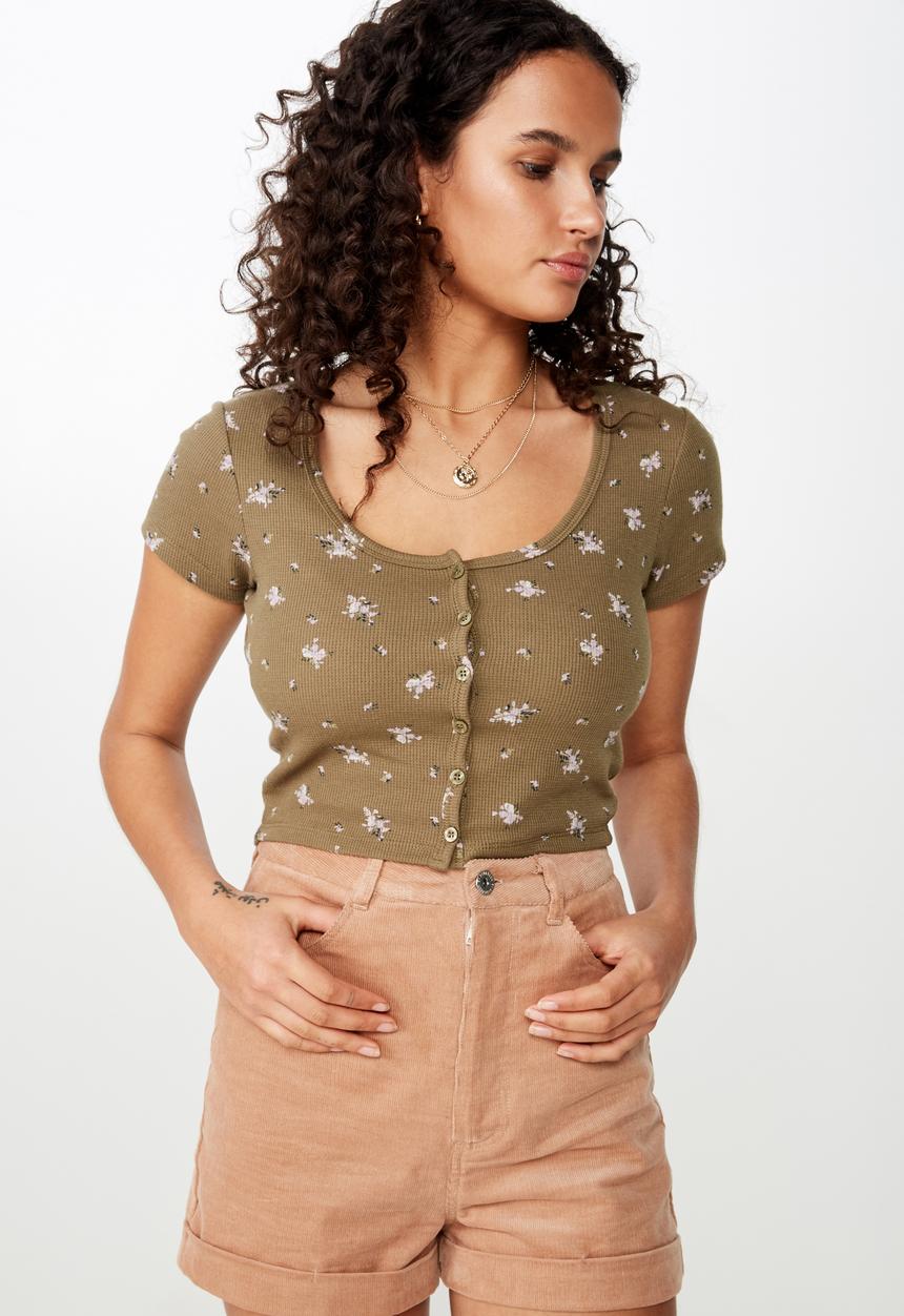 Cotton On - Lola waffle button through top - khaki