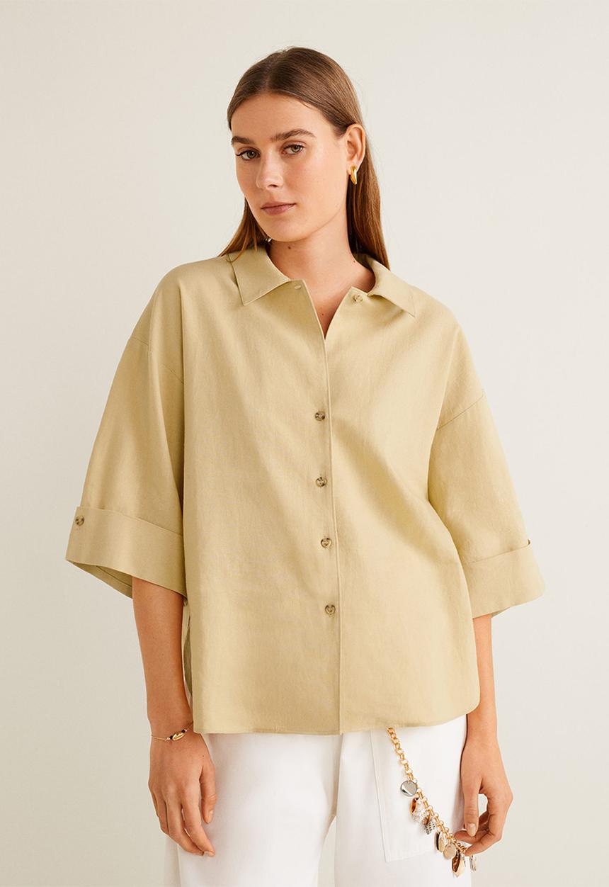MANGO - Linen-blend oversized shirt - beige