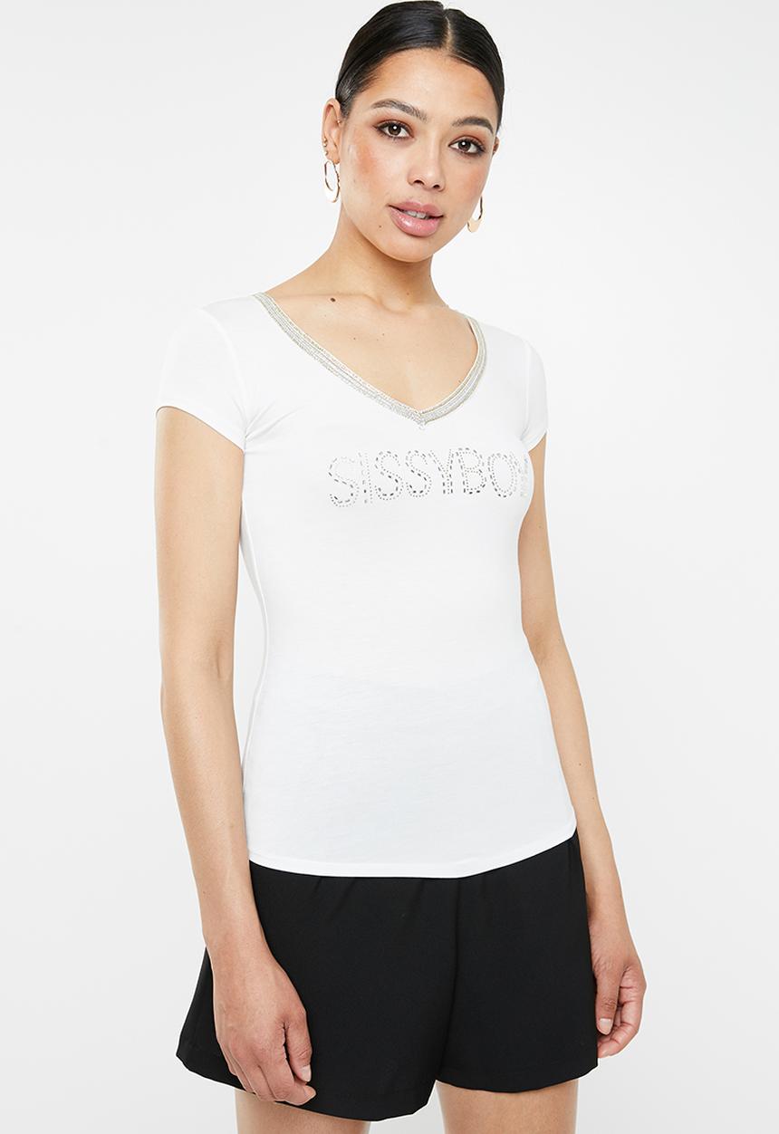 SISSY BOY - V-neck logo with bling trim - white