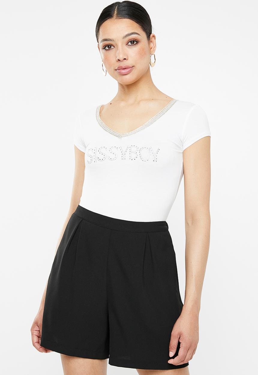 SISSY BOY - V-neck logo with bling trim - white