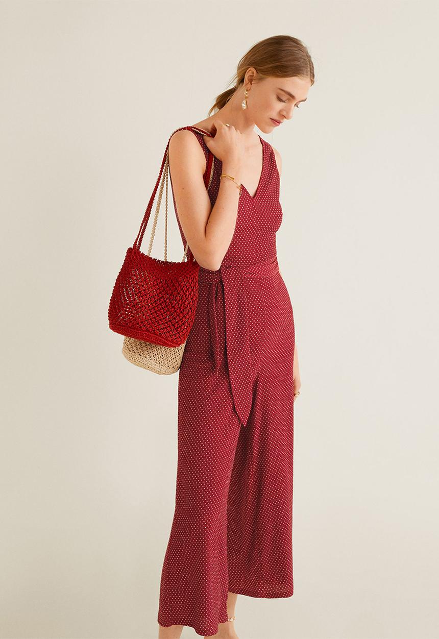 MANGO - Long spotted printed jumpsuit with tie-waist - red & white 