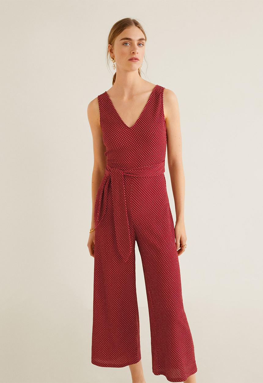MANGO - Long spotted printed jumpsuit with tie-waist - red & white 