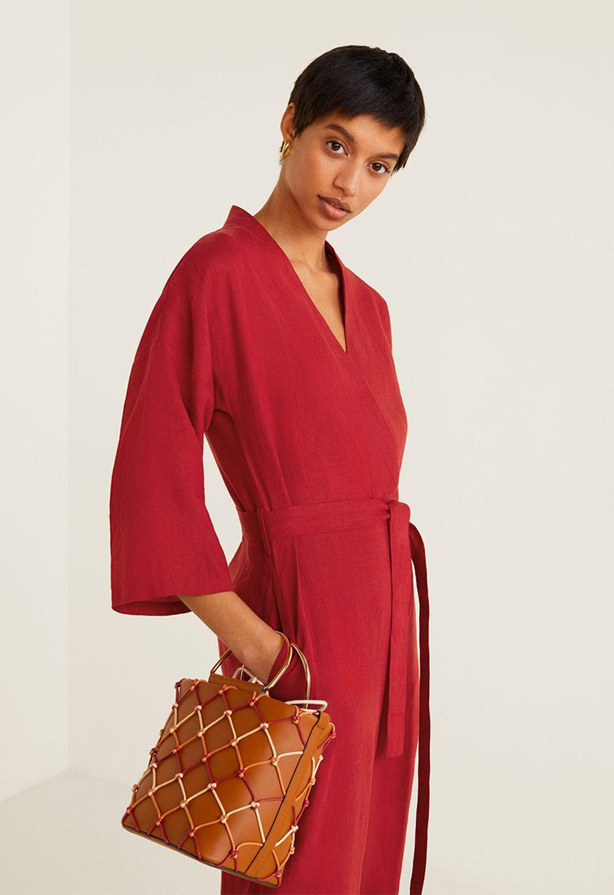 MANGO - Long linen-blend batwing sleeve jumpsuit - red
