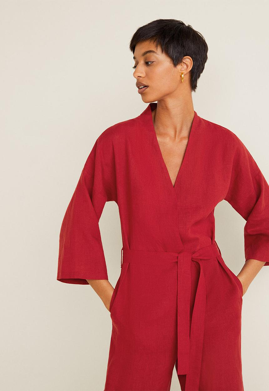MANGO - Long linen-blend batwing sleeve jumpsuit - red