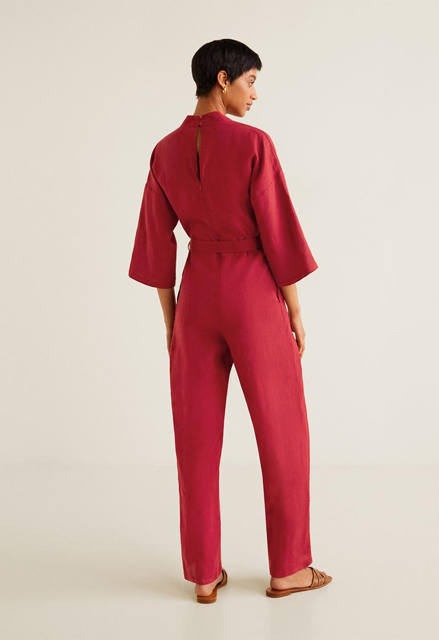 MANGO - Long linen-blend batwing sleeve jumpsuit - red